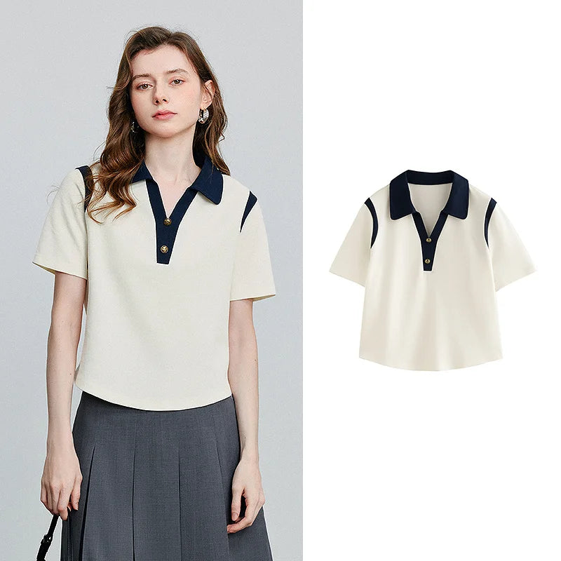 TOYOUTH Women T-Shirt 2026 Summer New Color Block Splicing Pique Cotton Light Sporty Polo Collar Trendy Tops