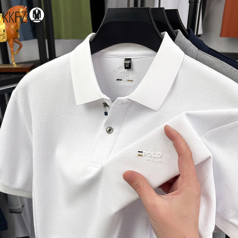 Wrinkle resistant lapel polo tee for men pique fabric chest POLO embroidery soft stretch travel office daily short sleeve top