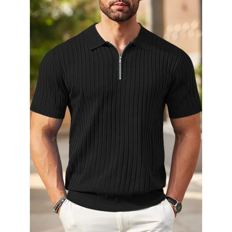 Men's Ribbed Knit Polo Shirt Half-Zip Collar Short Sleeve Casual Summer Top
