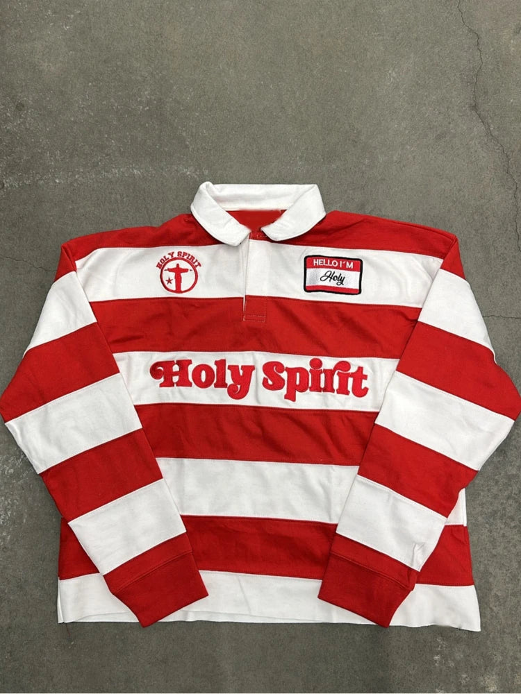 Unisex Red White Stripe Rugby Polo Long Sleeve Shirt, Holy Spirit Embroidery Patch Loose Vintage Y2K Streetwear Pullover Top