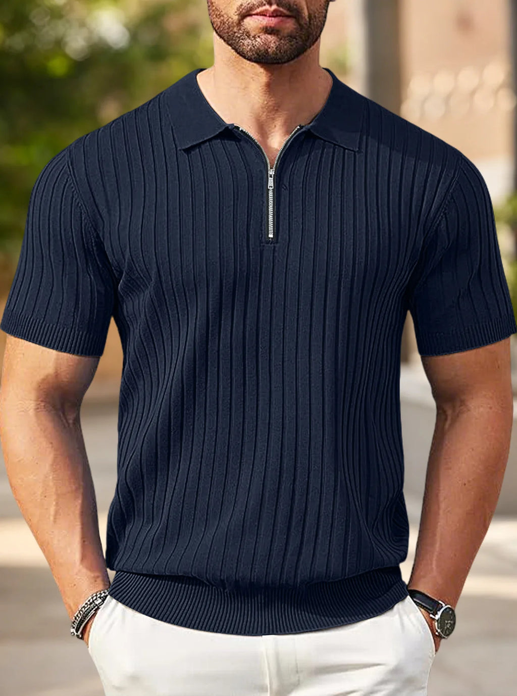Men's Ribbed Knit Polo Shirt Half-Zip Collar Short Sleeve Casual Summer Top