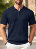Men's Ribbed Knit Polo Shirt Half-Zip Collar Short Sleeve Casual Summer Top