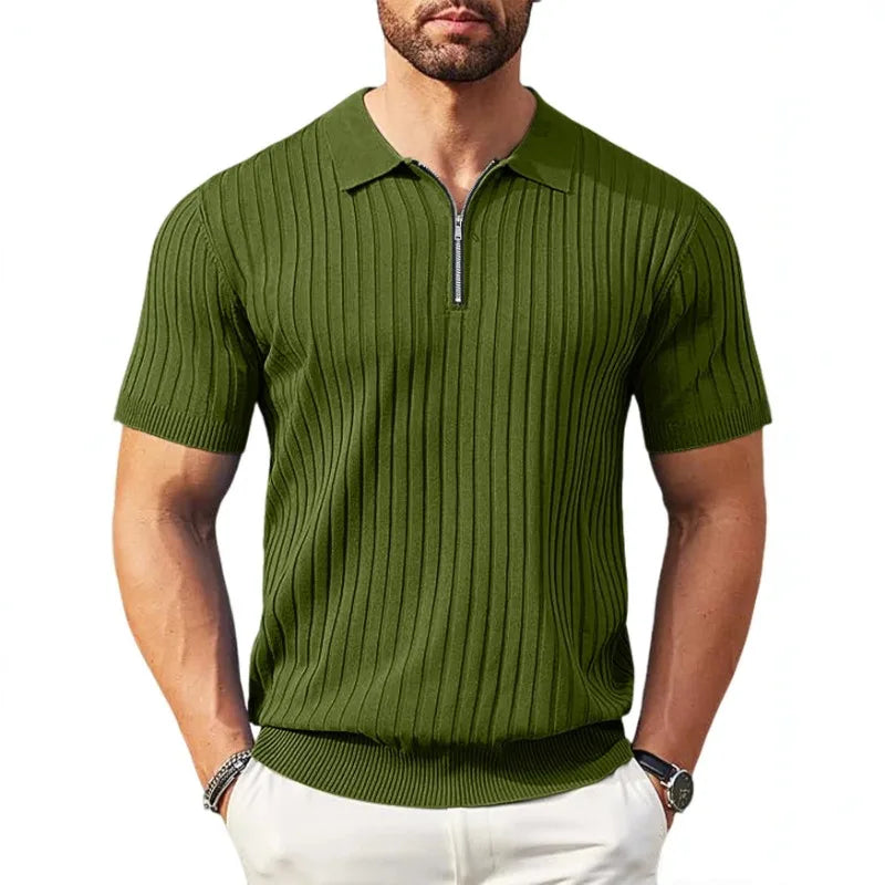 Men's Ribbed Knit Polo Shirt Half-Zip Collar Short Sleeve Casual Summer Top