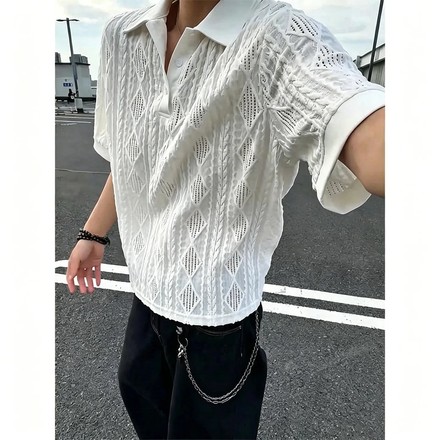 Pure Lust Style Texture Knitted Polo Shirt for Men, Summer Mesh Breathable Short Sleeves and Half Sleeves