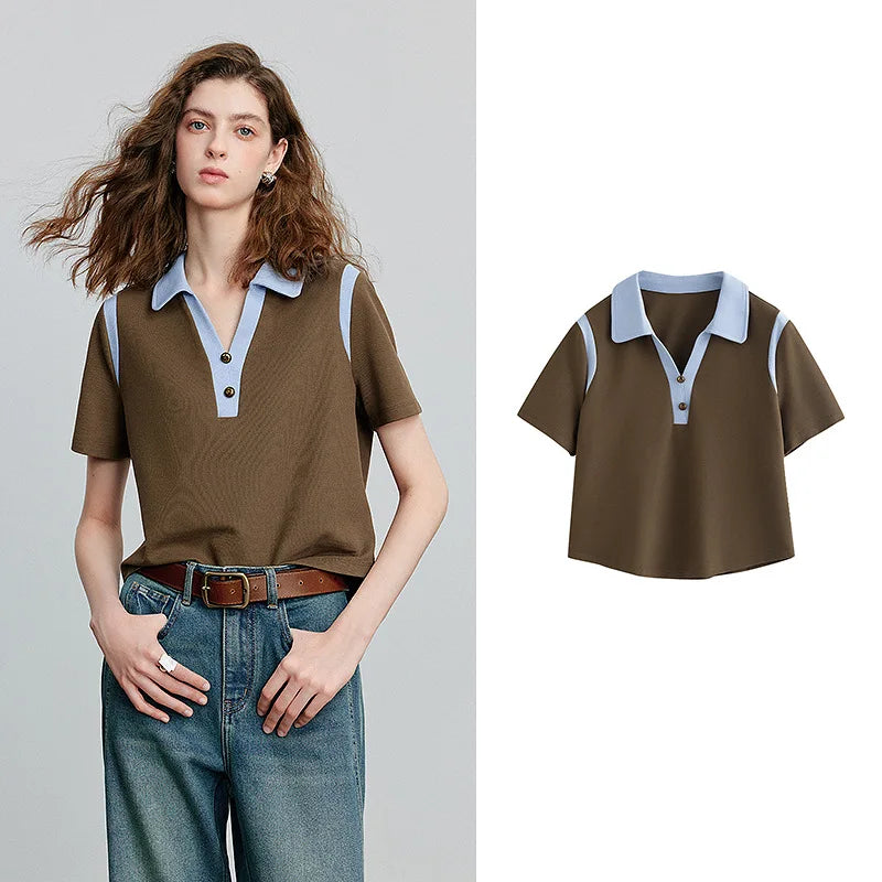 TOYOUTH Women T-Shirt 2026 Summer New Color Block Splicing Pique Cotton Light Sporty Polo Collar Trendy Tops