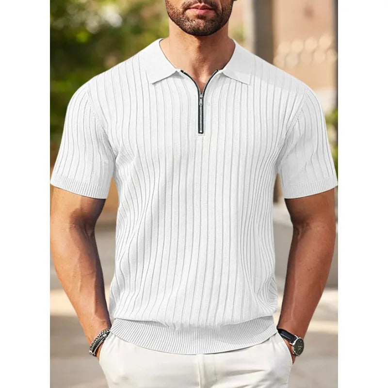 Men's Ribbed Knit Polo Shirt Half-Zip Collar Short Sleeve Casual Summer Top