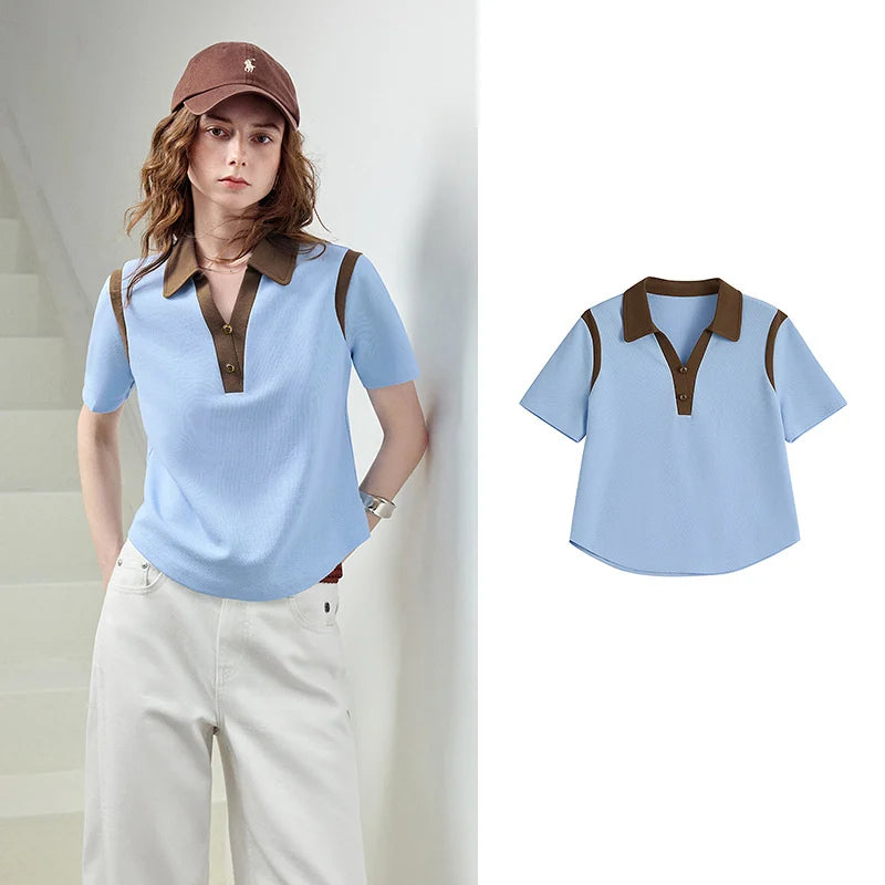 TOYOUTH Women T-Shirt 2026 Summer New Color Block Splicing Pique Cotton Light Sporty Polo Collar Trendy Tops