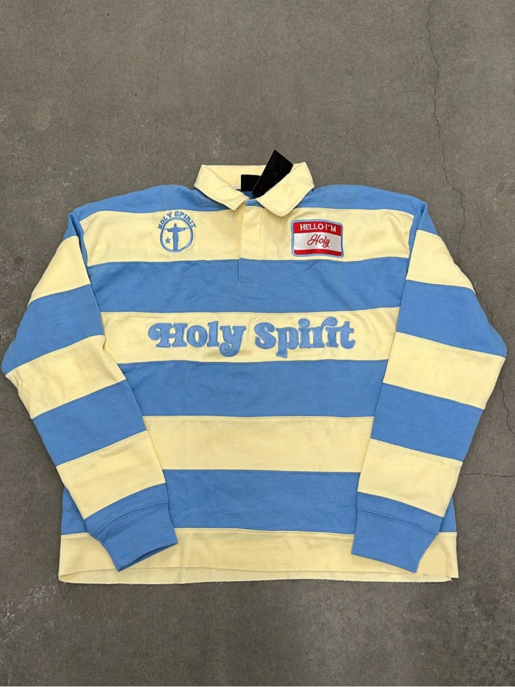 Unisex Red White Stripe Rugby Polo Long Sleeve Shirt, Holy Spirit Embroidery Patch Loose Vintage Y2K Streetwear Pullover Top