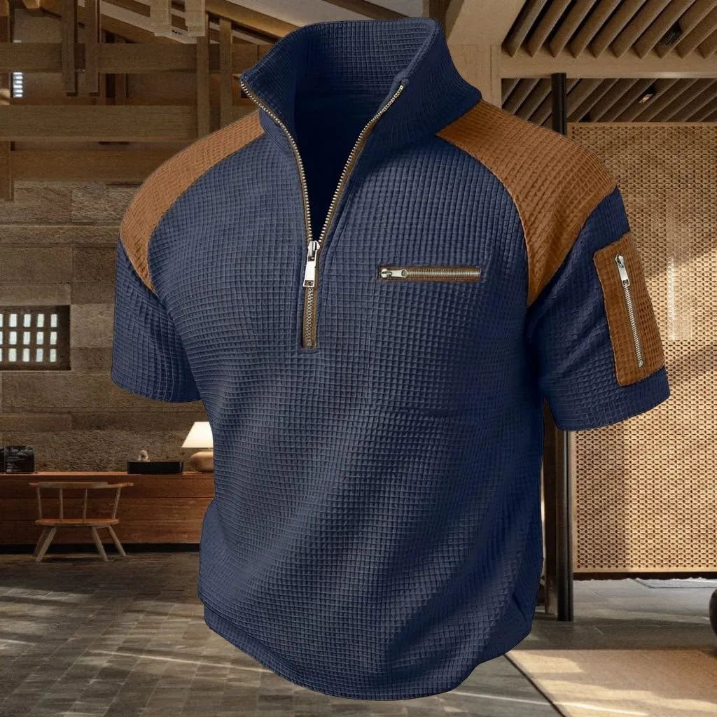 Men's polo shirt with zippers on the arms and chest for a colorful design, short-sleeved summer casual top for daily wear