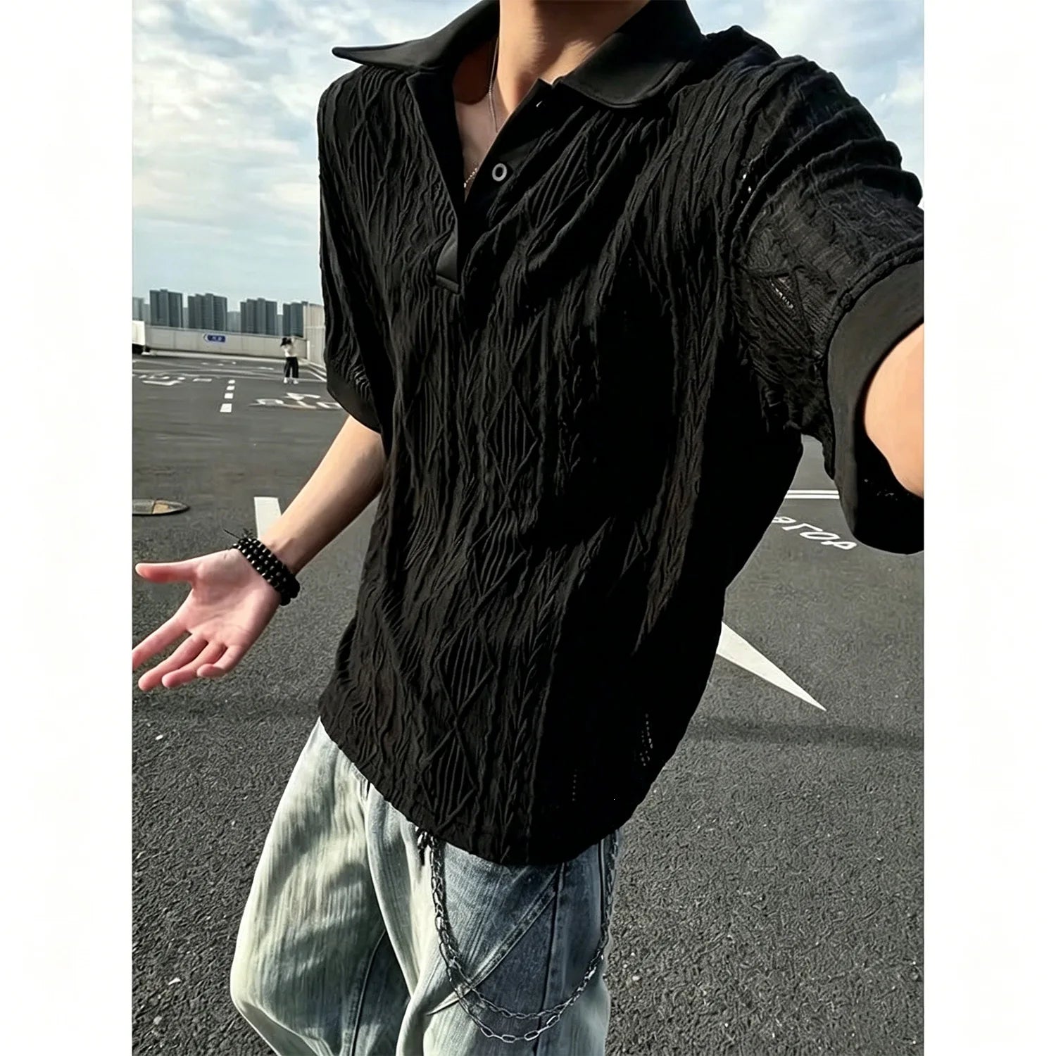 Pure Lust Style Texture Knitted Polo Shirt for Men, Summer Mesh Breathable Short Sleeves and Half Sleeves